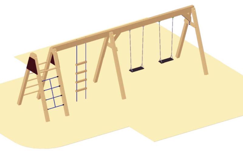 OBRA eco Climbing Frame with rungs / net, with 2 swings and rope ladder